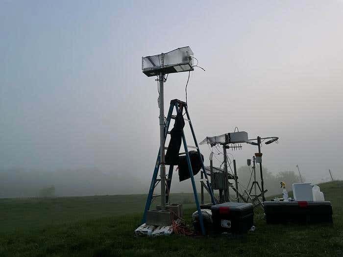 Fog sampling equipment set up in a foggy field in Pennsylvania.