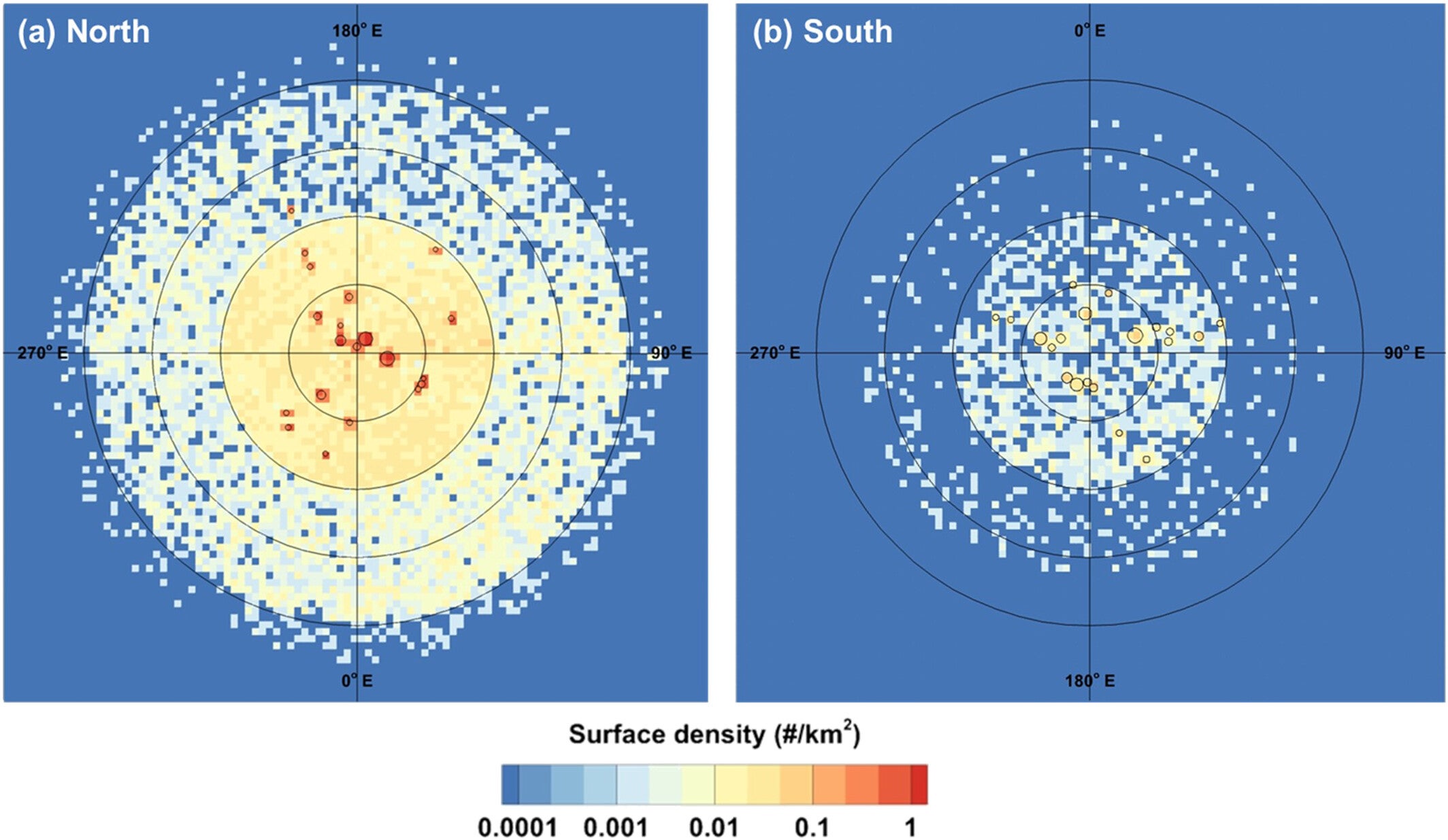 For Case 1 (the collisionless exosphere simulation), the distribution of water trapped in modeled PSRs in the (a) north and (b) south polar regions of Mercury after one solar day.