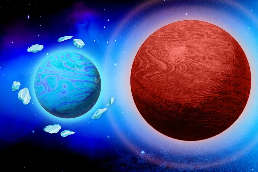 The planetary odd couple of a mini-Neptune and hot Jupiter probably formed out beyond its star’s “frostline,” in the colder region of the system’s early protoplanetary disk.