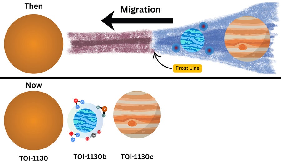 On top, long ago and over a period of 10 million years, a mini-Neptune (TOI-1130b) and hot-Jupiter (TOI-1130c) formed in their star’s “frostline.”  The blue circles around the mini-Neptune represent pebbles rich in icy material. On the bottom row, representing the current age of over a billion years, the planets have moved closer to the star, away from the frostline. The icy pebbles have evaporated molecules like water and carbon dioxide in the atmosphere of TOI-1130b.