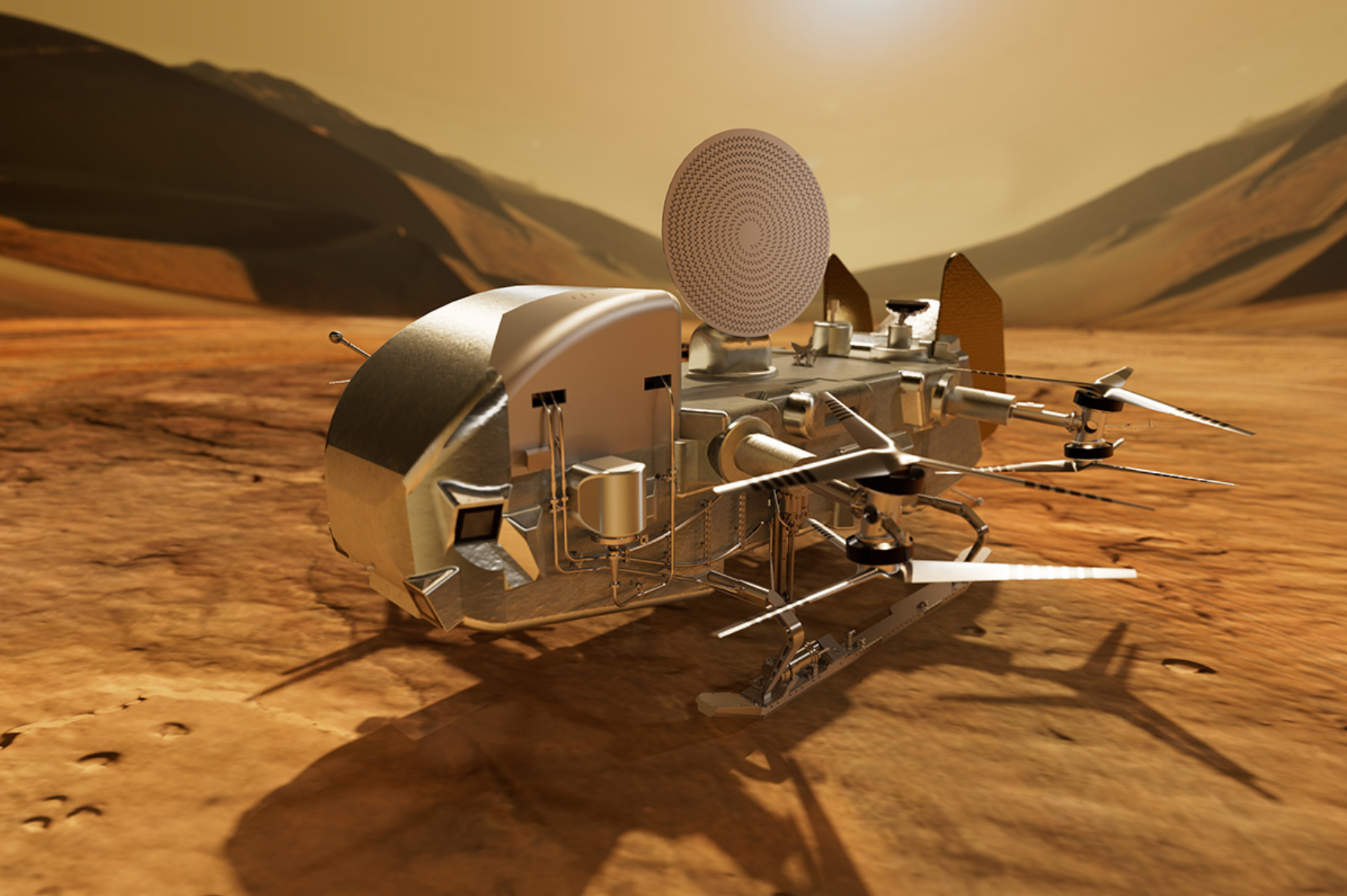 An updated render of the Dragonfly spacecraft.