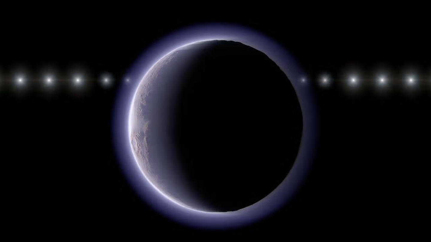 Artist’s conception of this research showing an imagined time sequence as a star passes behind a TNO with an atmosphere.