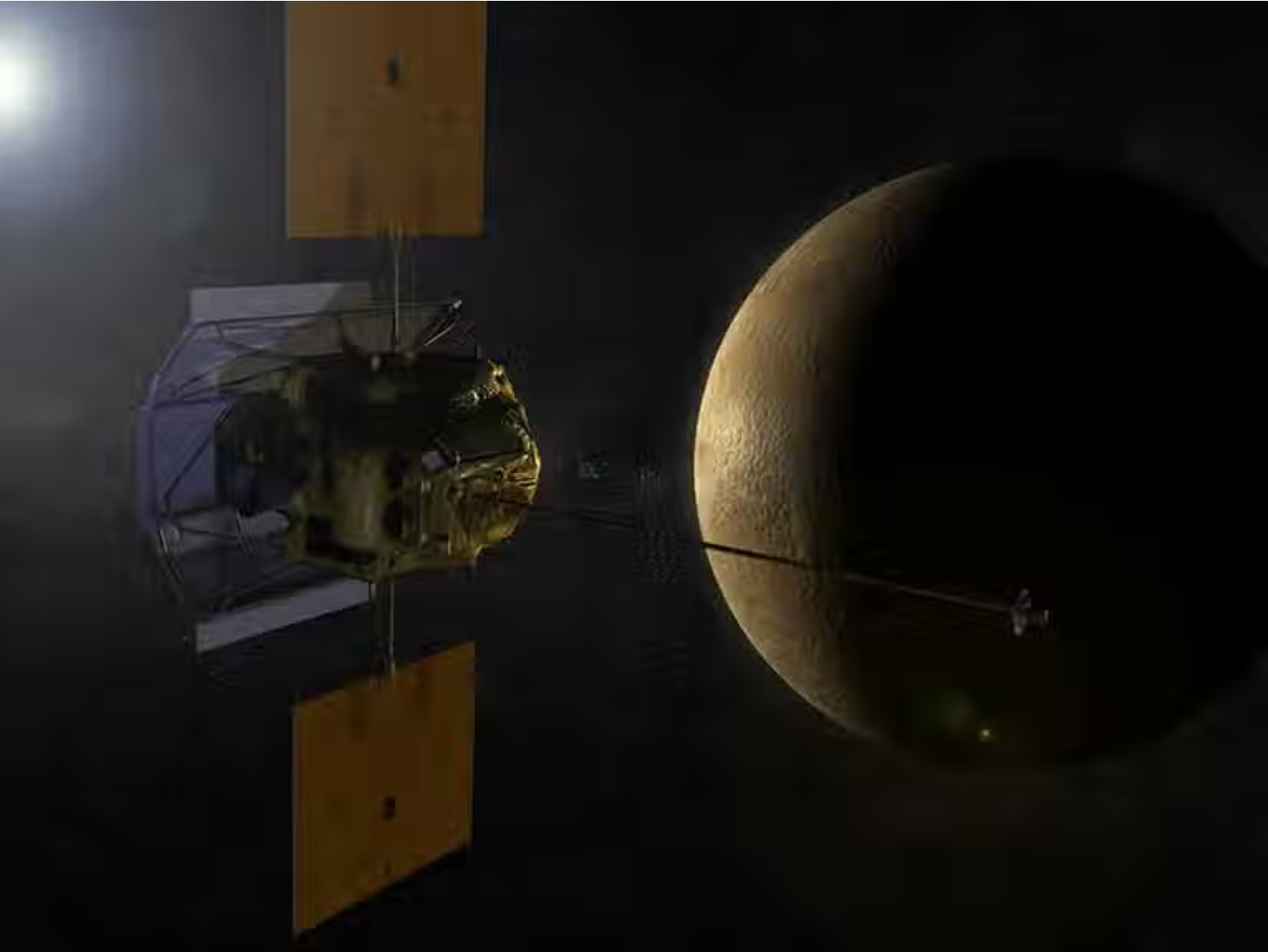 An artist's rendering of the MESSENGER spacecraft at Mercury. 