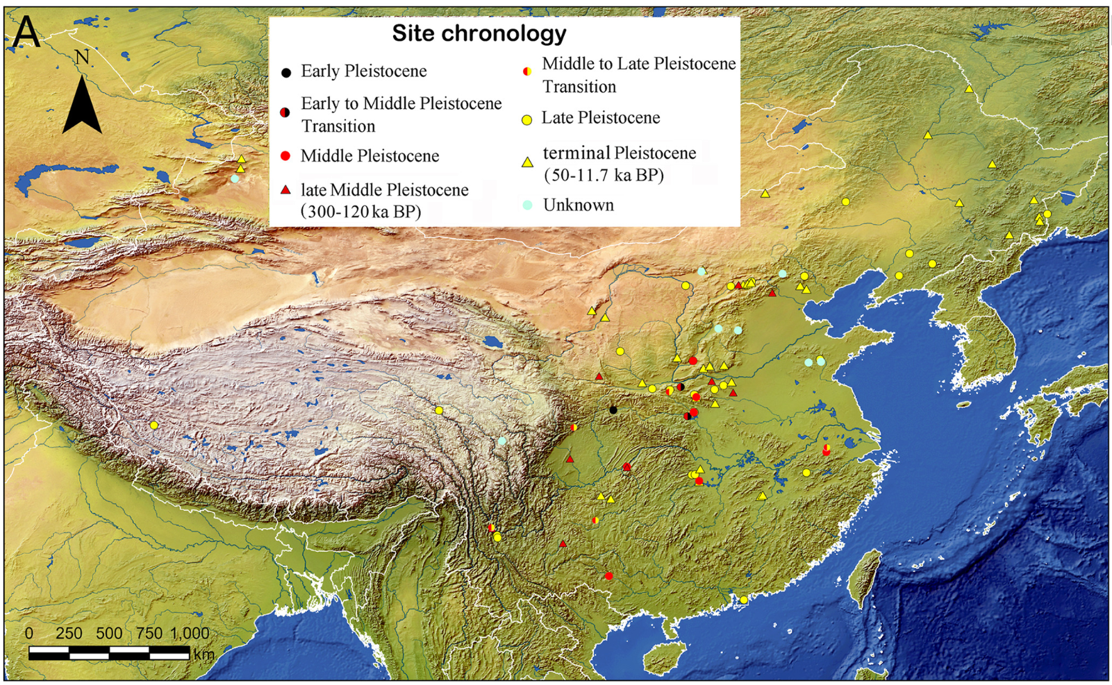 Geographic distribution of Chinese Paleolithic sites.