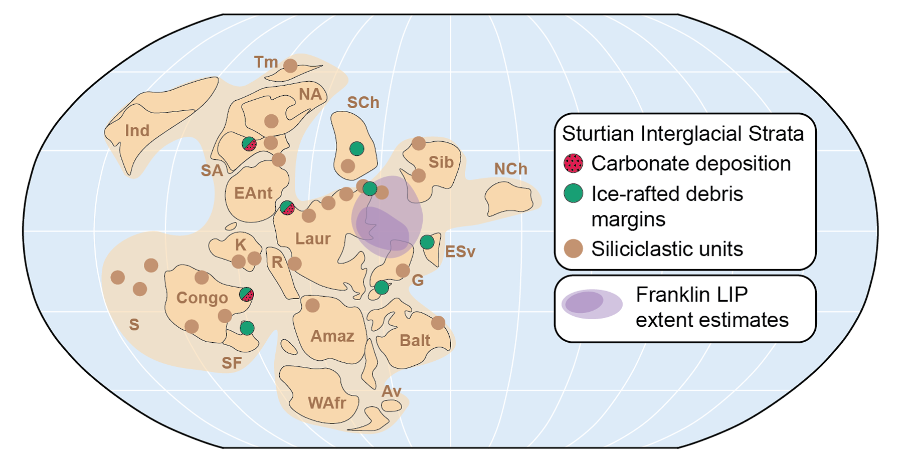 Sturtian stratigraphic successions including evidence of intermittent open water: syn-glacial carbonate deposition sites and ice-rafted debris margin sites.