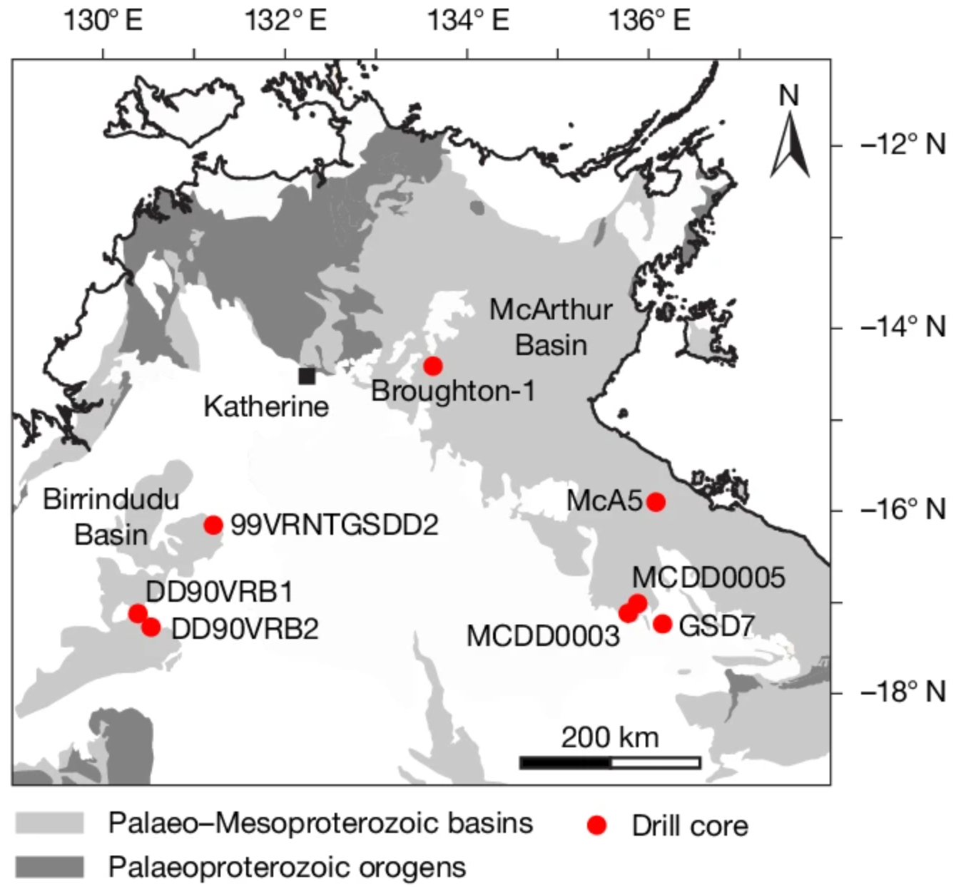 Location of the studied drill cores in the McArthur and Birrindudu basins, Northern Territory, Australia.