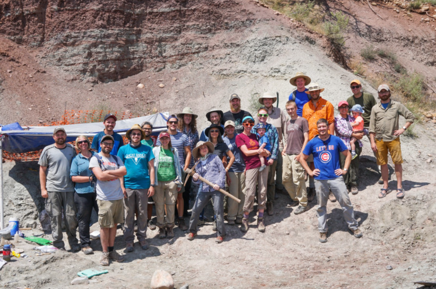 Fieldwork crew, including most of the co-authors and Dinosaur Institute Director Dr. Nate Smith at right foreground, at the Hayden Quarries, Ghost Ranch, New Mexico. 