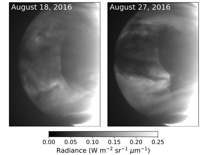 These images taken on Aug. 18 (left) and Aug. 27 (right), 2016, by the near-infrared camera on Japan’s Akatsuki Venus probe, show the clear line of denser (darker) clouds moving across the planet. 