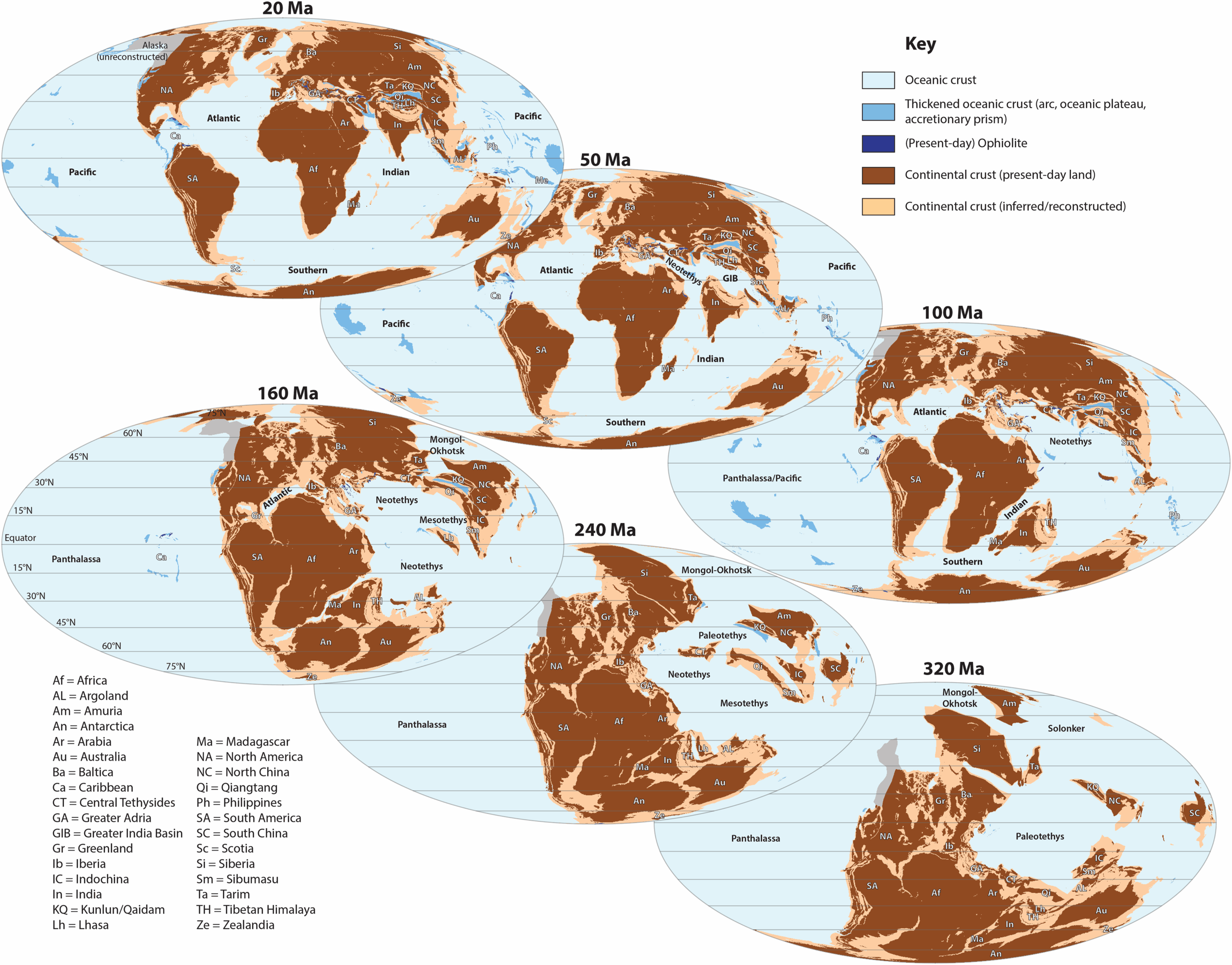 Global paleogeography snapshots of the Utrecht Paleogeography Model that shows the distribution of continental and oceanic crust, placed in the paleomagnetic reference frame based on gAPWP25