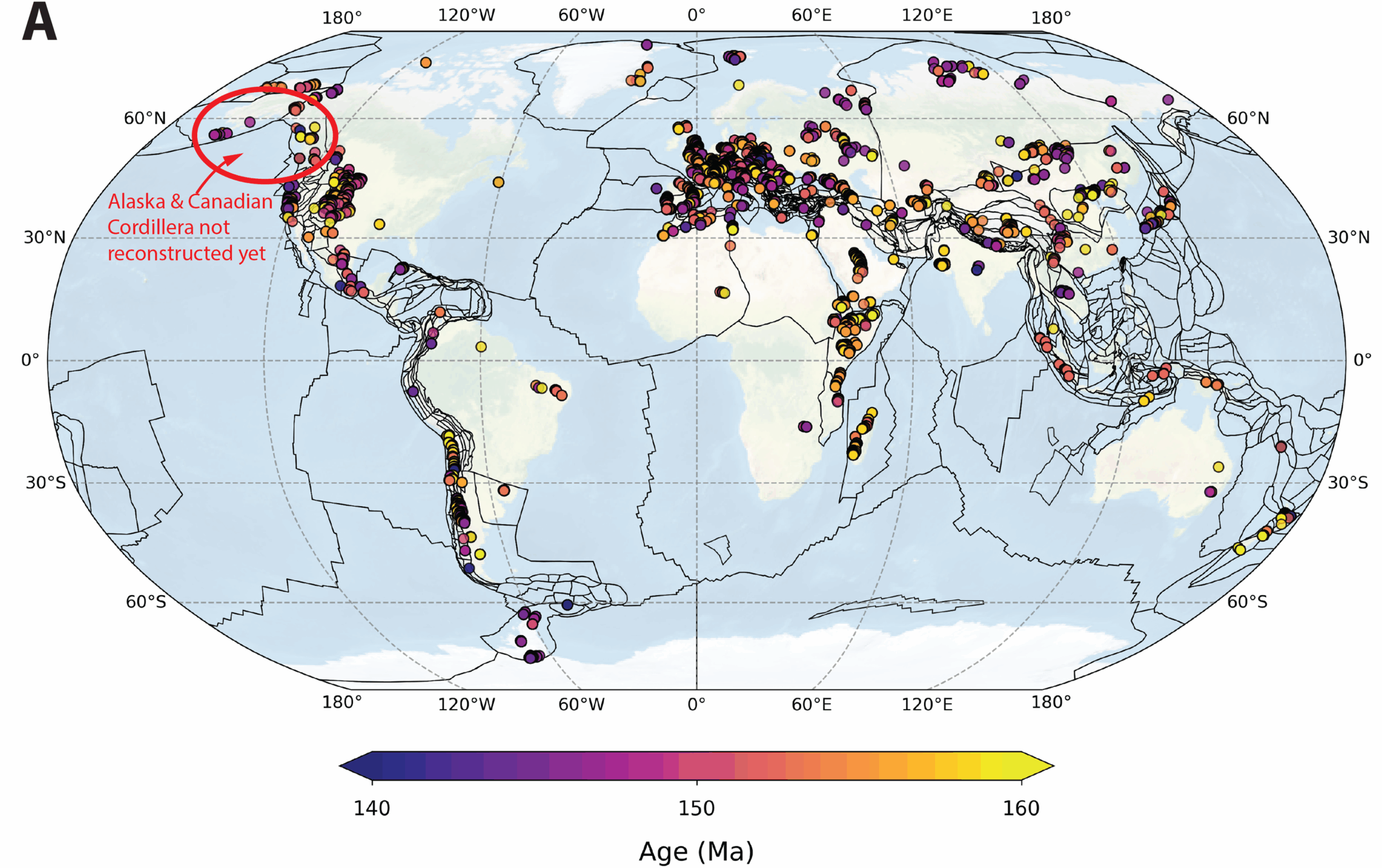 Geographic distribution of the marine fossil dataset from the Upper Jurassic used for to compute a Latitudinal Diversity Gradient.