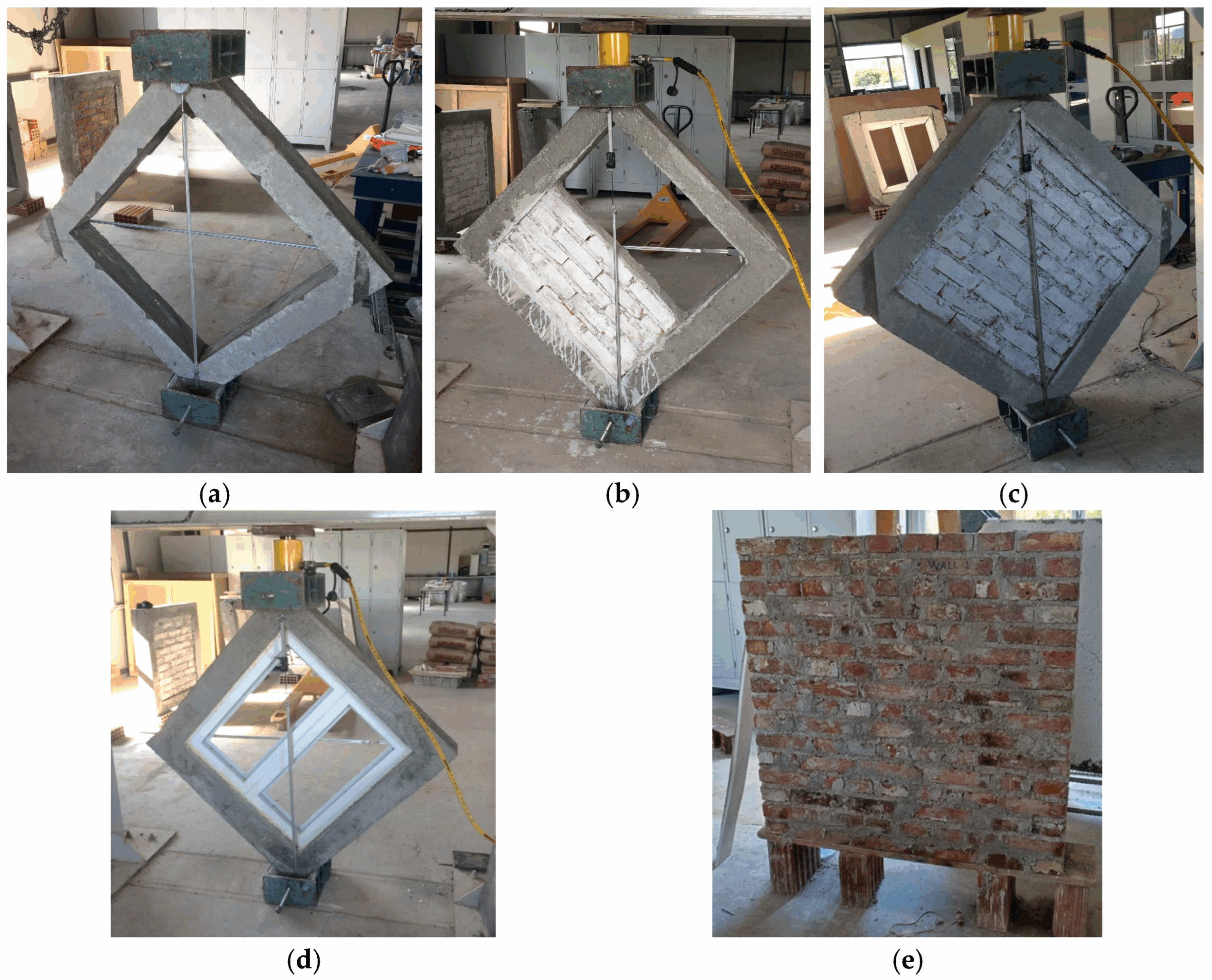 Concrete frames ready to be tested: (a) P1-00, 0% infill, (b) P2-50, 50% infill, (c) P3-100, 100% infill, (d) P4-Al, aluminum frame infill, and (e) P5-SB, solid brick masonry wall.