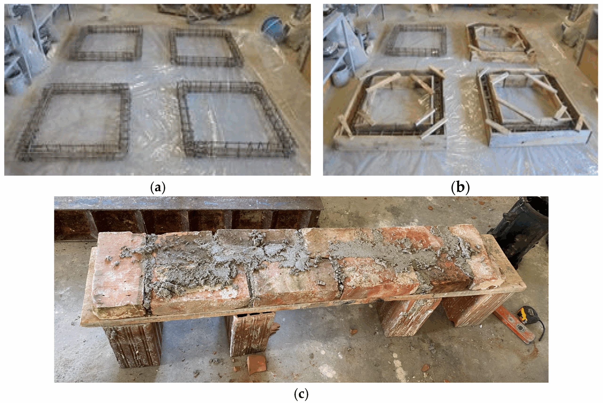 (a) Steel reinforcement, (b) formwork, (c) building of the masonry wall.