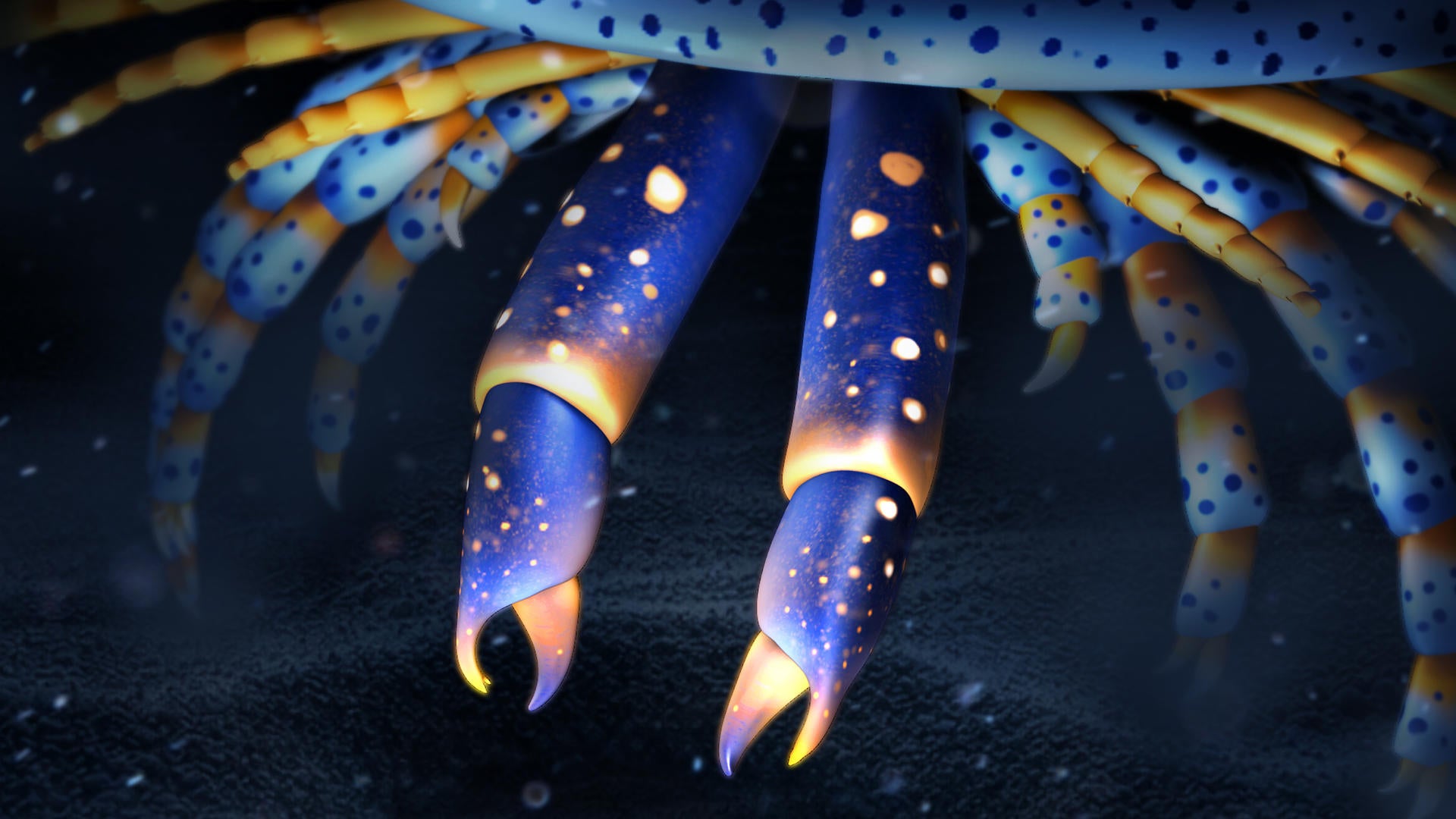 The Cambrian chelicerate Megachelicerax cousteaui approaching a prey—the worm Ottoia—on the Cambrian seafloor of what is now Utah.