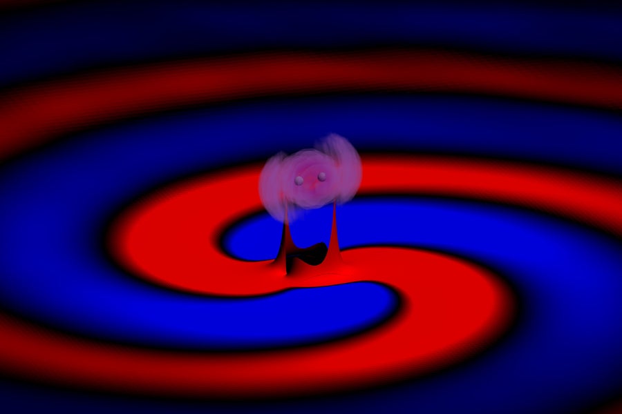 A new model developed by physicists at MIT and elsewhere predicts how gravitational waves (blue and red waves) can carry imprints of any dark matter (light purple) that two merging black holes happen to spiral through.