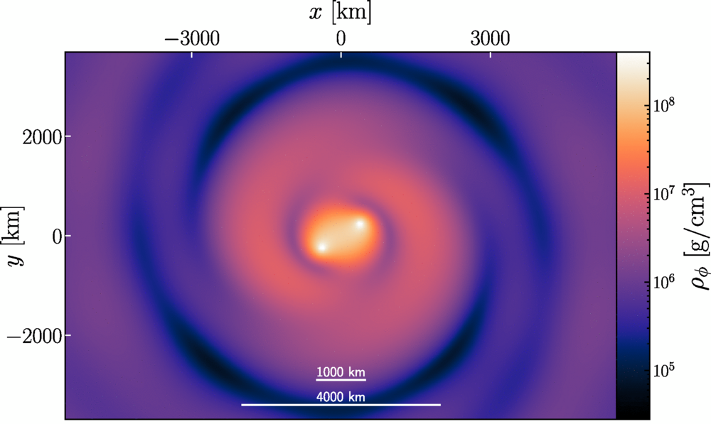 Density snapshot of an NR simulation of an equal-mass binary BH with total mass M=60M⊙ in a scalar field with α=0.43 and an asymptotic density ρϕ≈8.6×105 g cm−3 at the boundaries of a cubic box with L≈4×104 km.