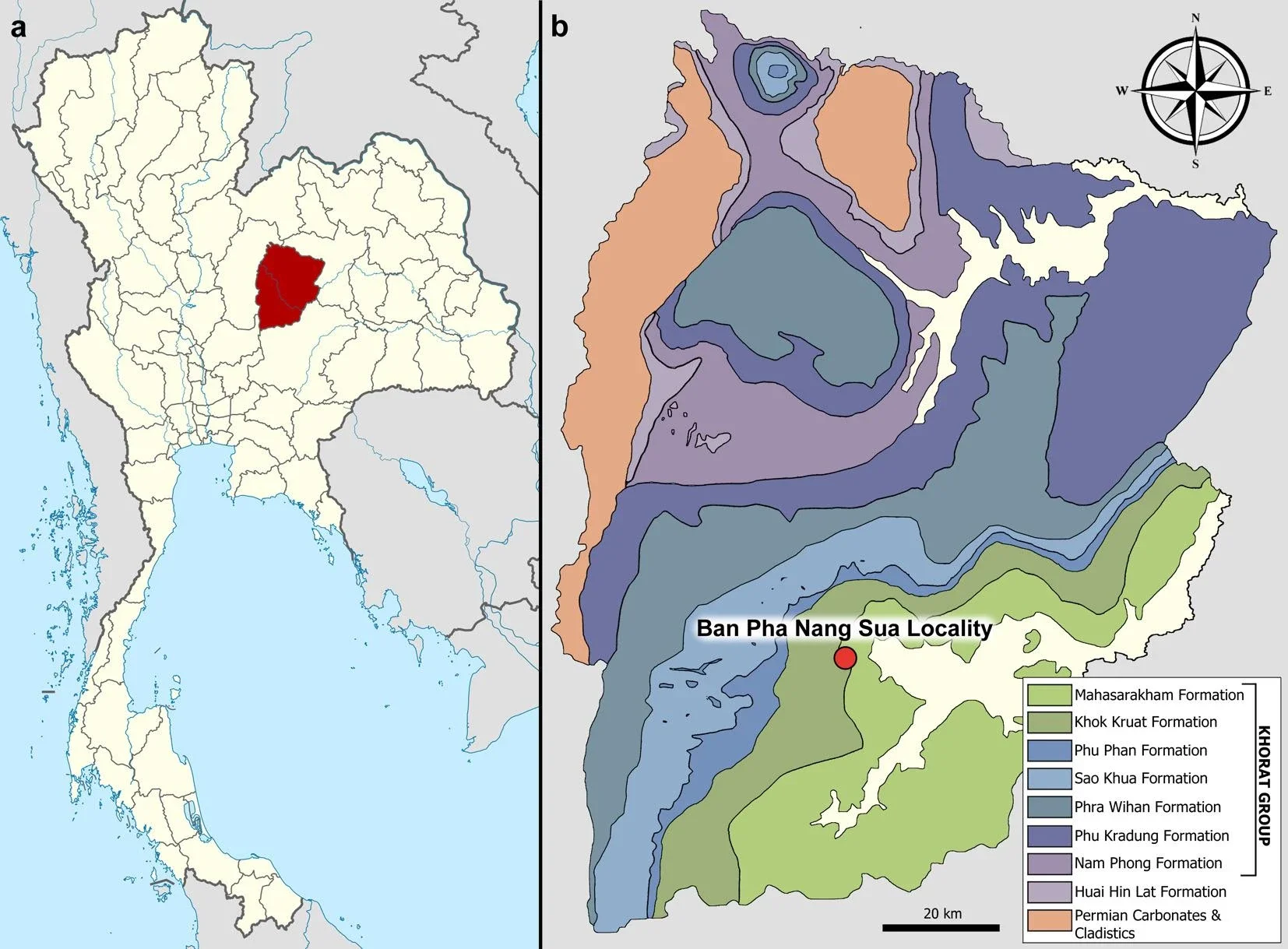 Geographic position of (a) Chaiyaphum Province on a map of Thailand and (b) Ban Pha Nang Sua locality on a geological map of Chaiyaphum Province.