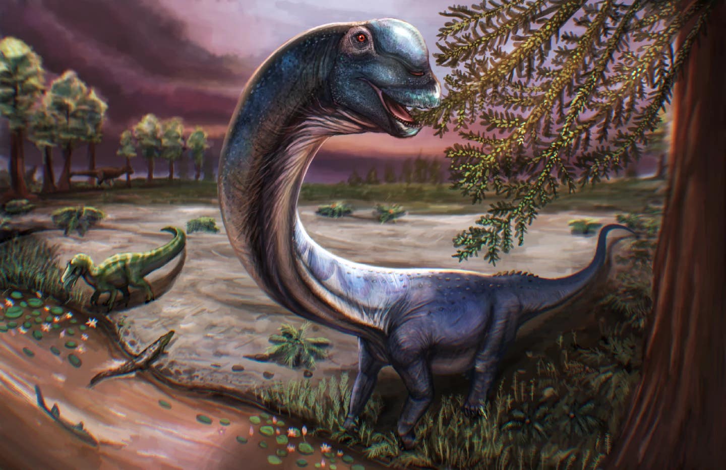 Stylized life reconstruction of Nagatitan chaiyaphumensis gen. et. sp. nov. within the arid floodplains of late Early Cretaceous Aptian–Albian Thailand illustrated by Patchanop Boonsai.