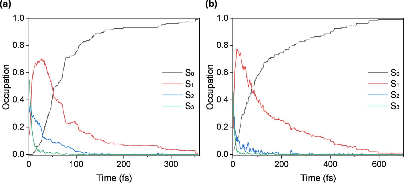 Time evolution of the adiabatic population (occupation) of (a) nonalternating and (b) alternating (GC)2 tetramers. The occupation of S3 state is represented in green, of S2 in blue, and of S1 in red, whereas the increasing population occupation of S0 is shown in black.