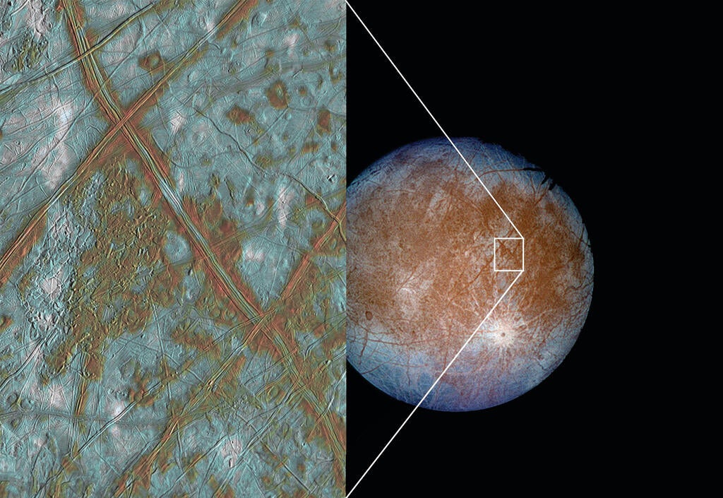 A new SwRI study has raised doubts about the existence of water vapor plumes on Jupiter’s moon Europa (shown above), initially reported based on Hubble Space Telescope observations from 2012. A reanalysis of the data reduced the certainty of that initial finding, but scientists are still hopeful that such plumes will be observed at some point in the future.