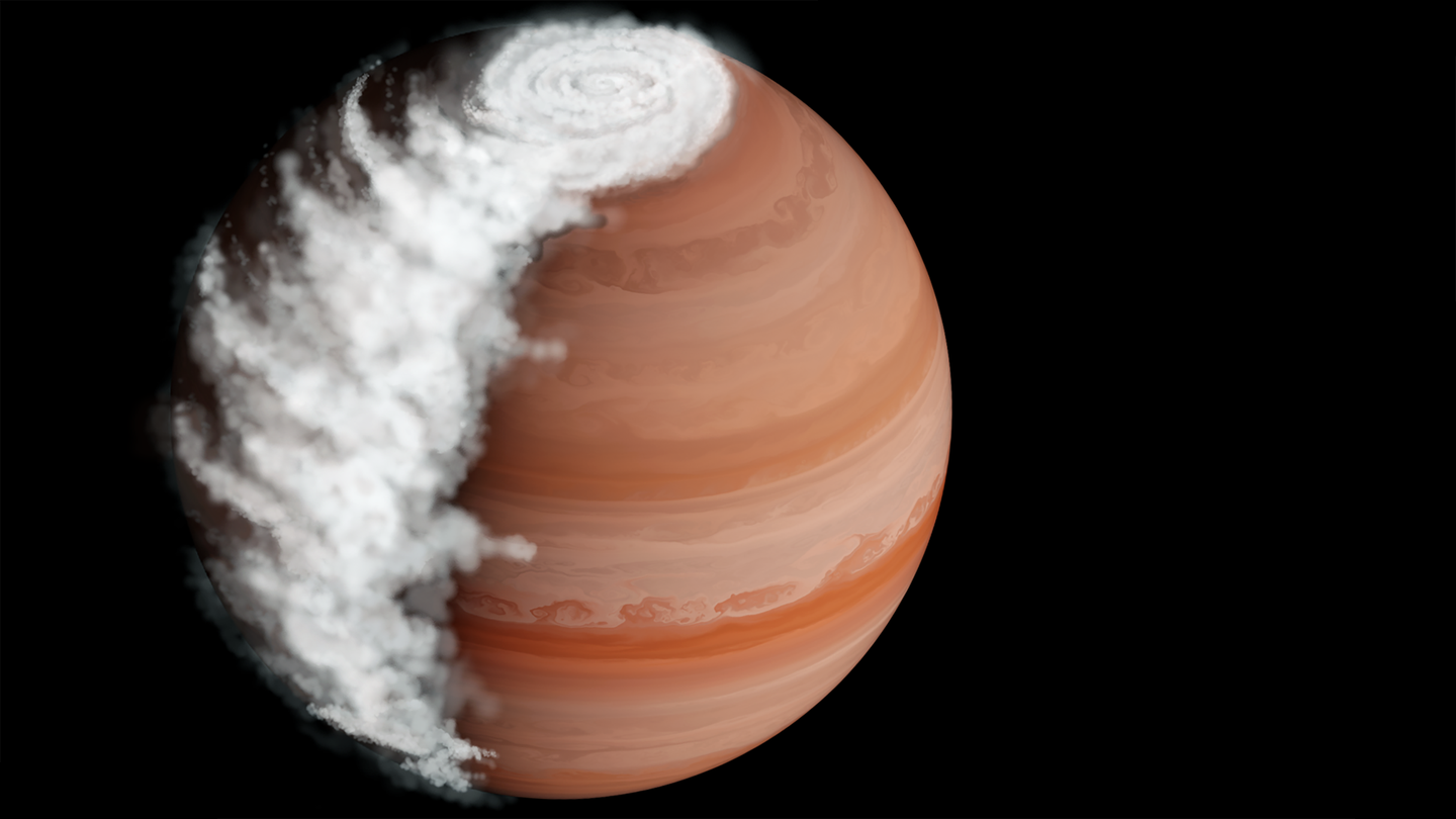 Artistic representation of WASP-94A b, a gas giant in the Microscopium constellation. Clouds build as air flows over the dark side of the planet, reaching a large swell by daybreak. The clouds dissipate on the dayside, leaving clear skies in the early evening.
