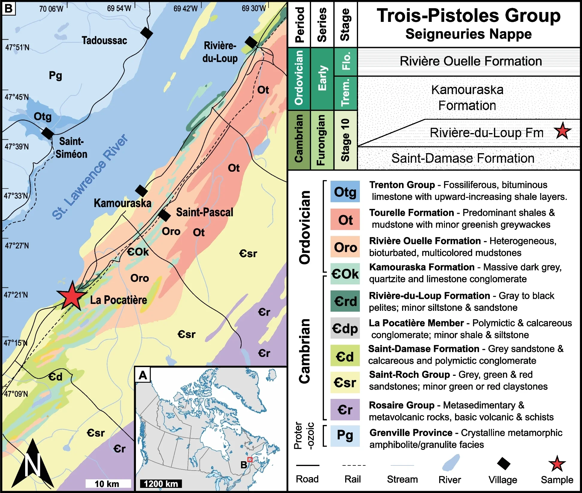 A Map of Canada, showing sample site near Quebec. B Close-up on specimen locations (star) in the La-Pocatière region with local bedrock geology. Top right, stratigraphic column for the Seigneuries Nappe with the Trois-Pistoles Group plotted against time. Abbreviations: Flo: Floian. Trem: Tremadocian)