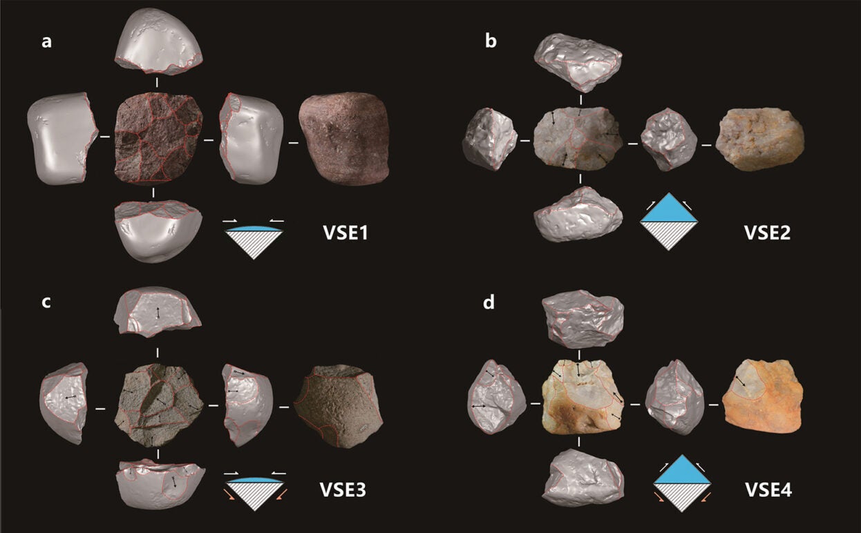 Discoid cores of various VSE groups: Top and bottom views of the upper and lower surfaces are photographs of the cores, while side views are captured from 3D models