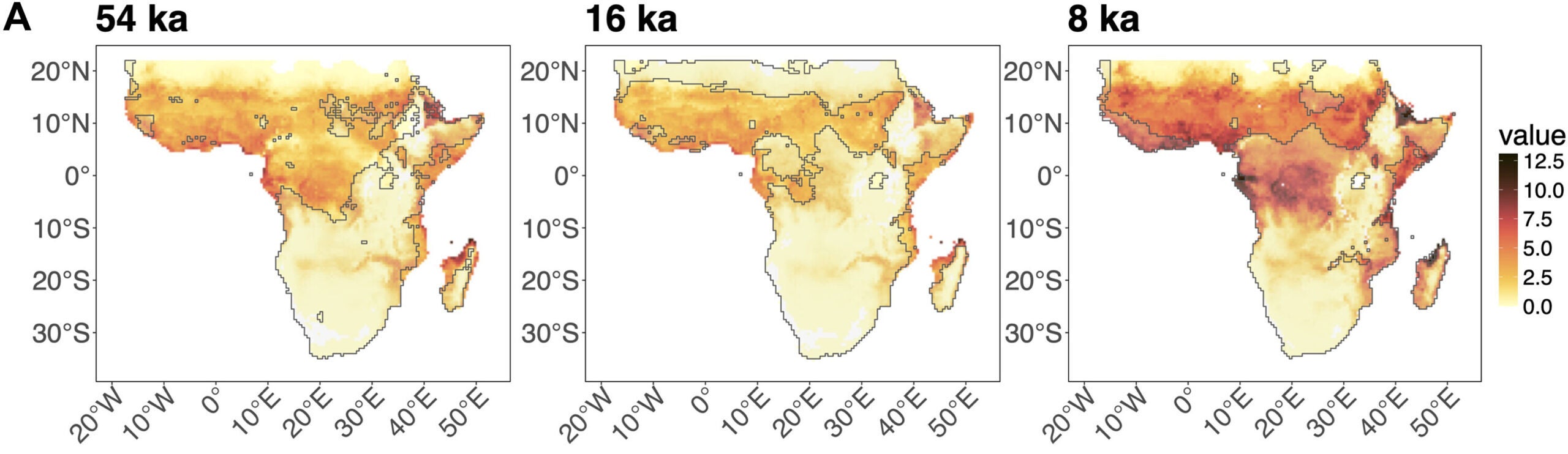 Extent of the human niche (outlined in black) against the map of malaria stability index at 54, 16, and 8 ka