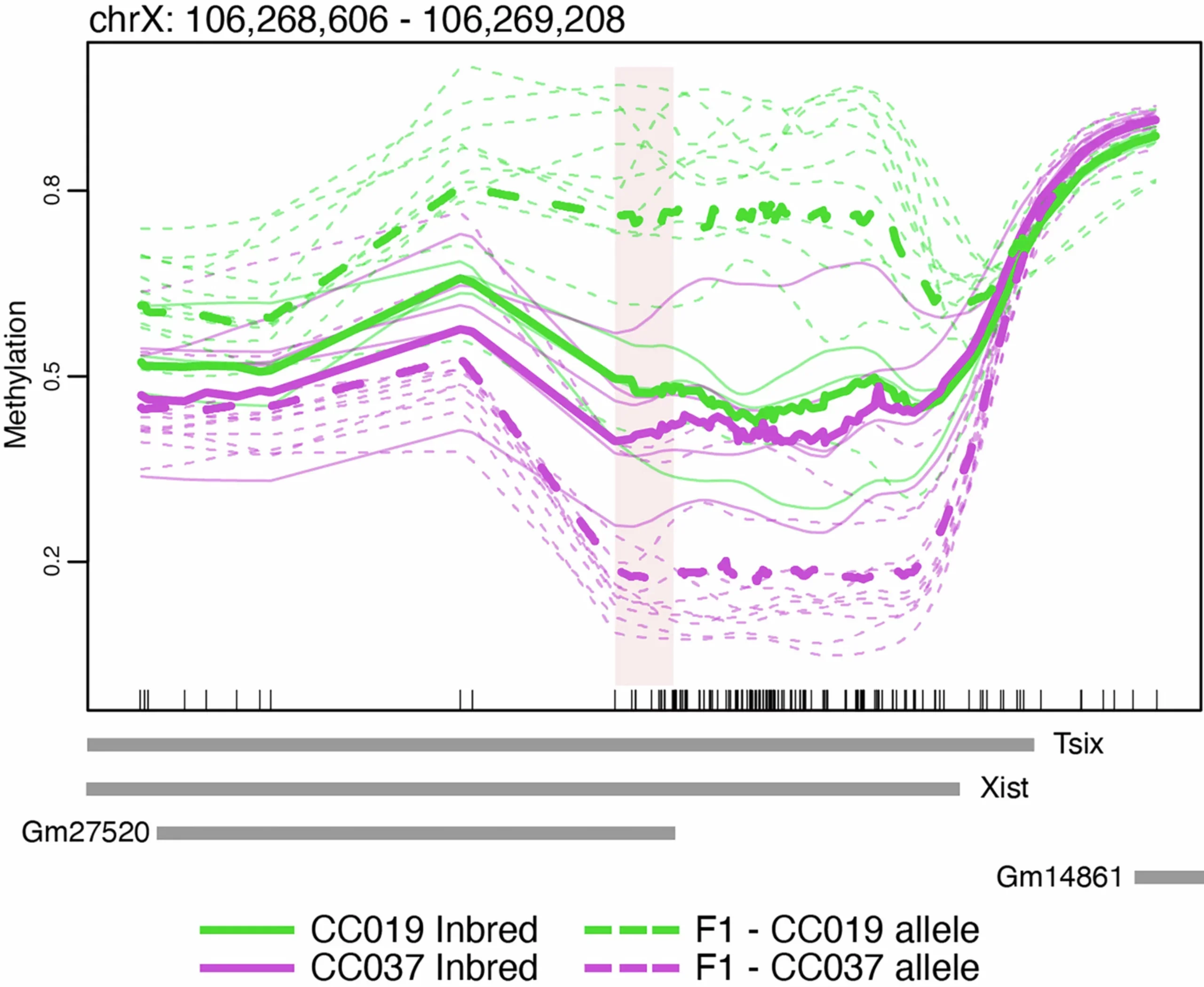 Xist skewed XCI. DMR is categorized as skewed XCI from the female X chromosome comparison in the liver, which overlaps the genes Xist and Tsix.