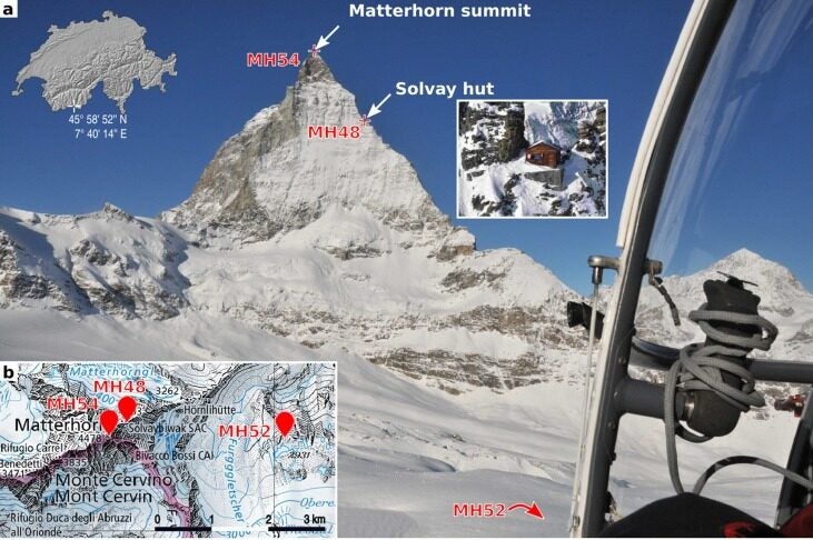 Oblique aerial image showing the east flank of the Matterhorn with the Hörnli ridge on the horizon right of the summit.