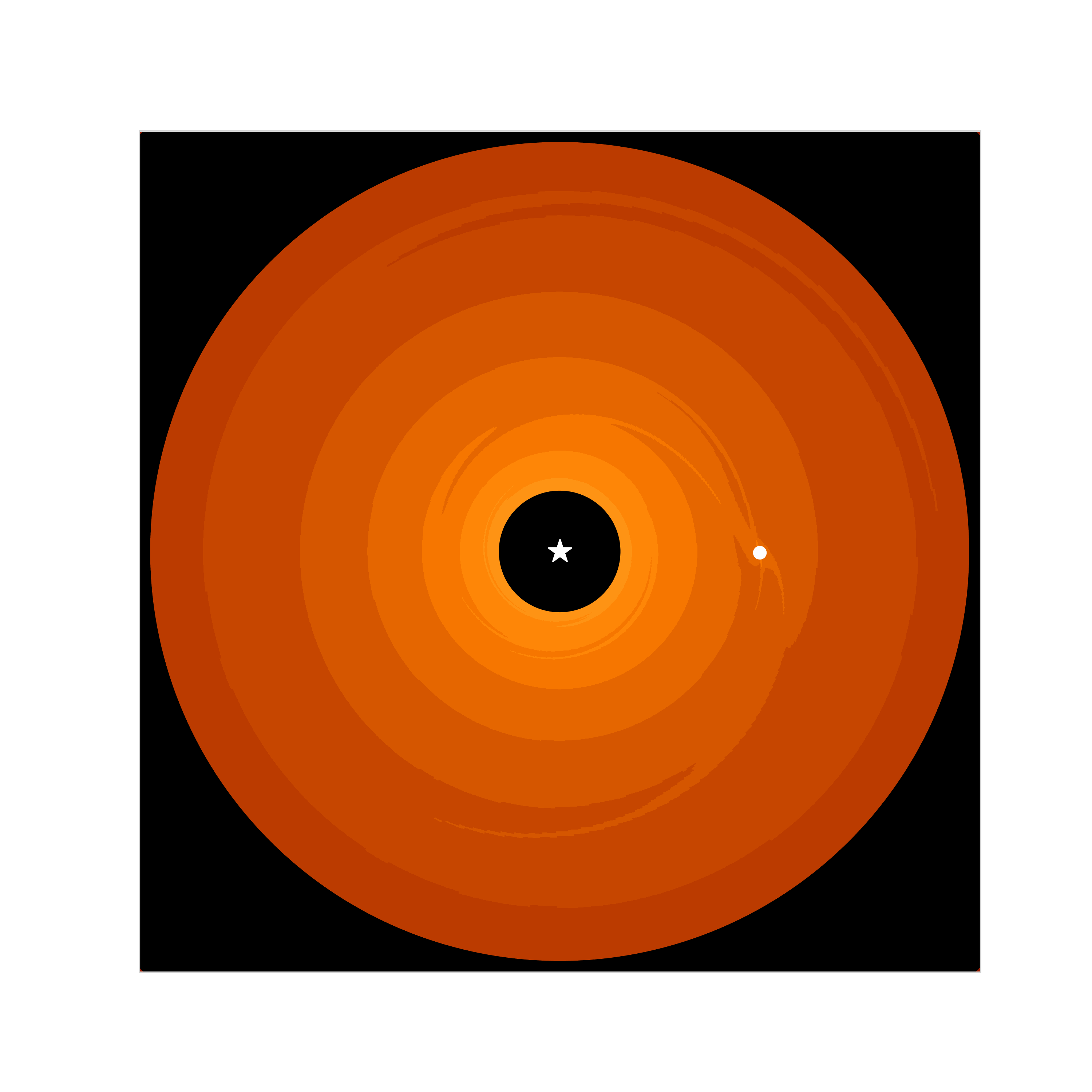 Simulation of a planet embedded in a protoplanetary disc, causing disc material to pile up in a ring exterior to its orbit.