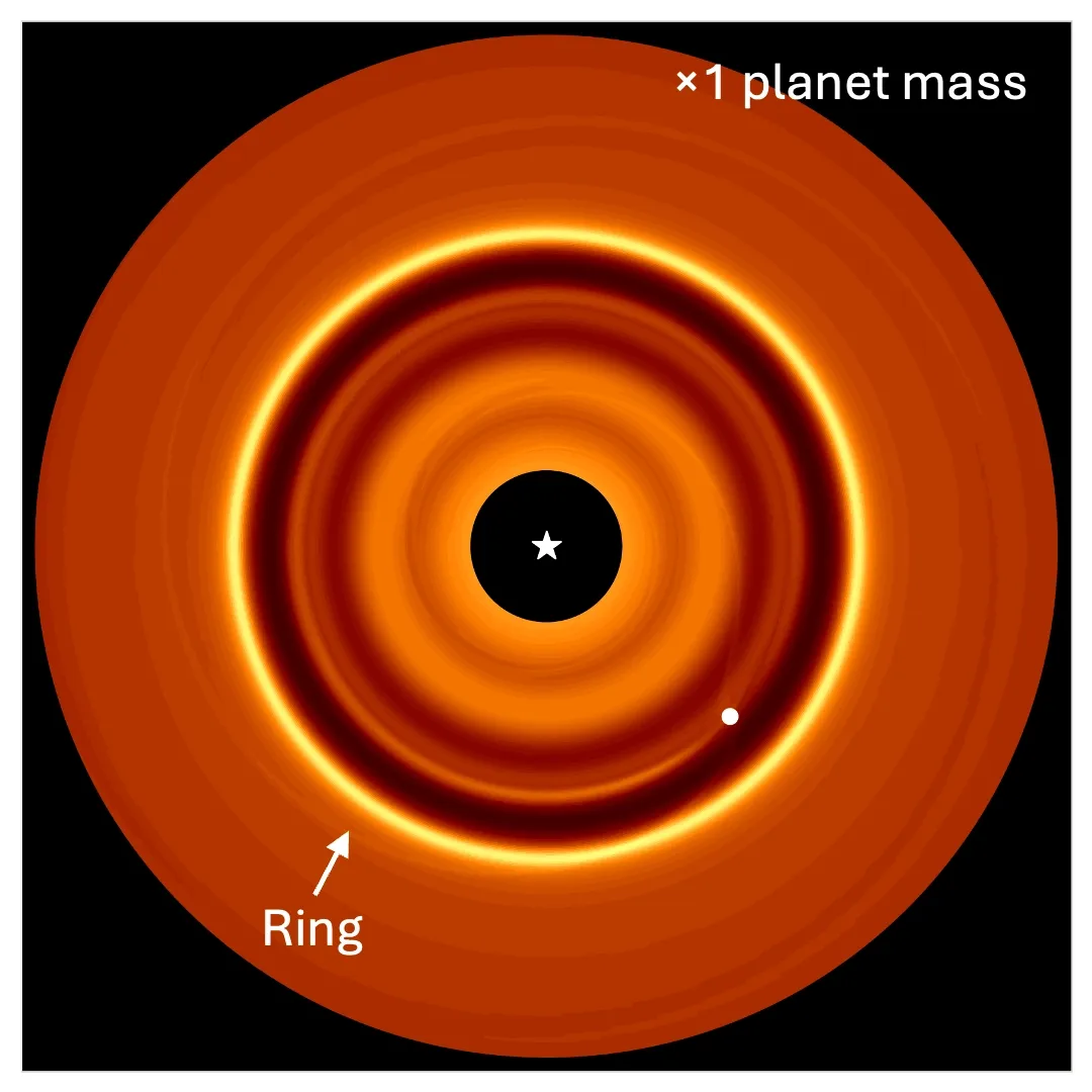Simulation images showing how tripling the planet mass changes the position of the dust ring. The ring position can be used to determine the mass of the planet causing it.