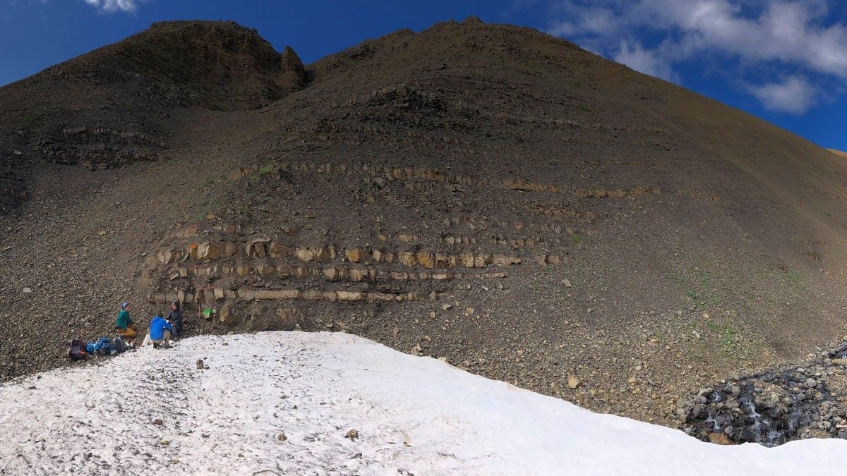 Members of a field team examine an outcrop of rock layers in Grotto Creek in Alaska's Wrangell–St. Elias National Park in 2019.
