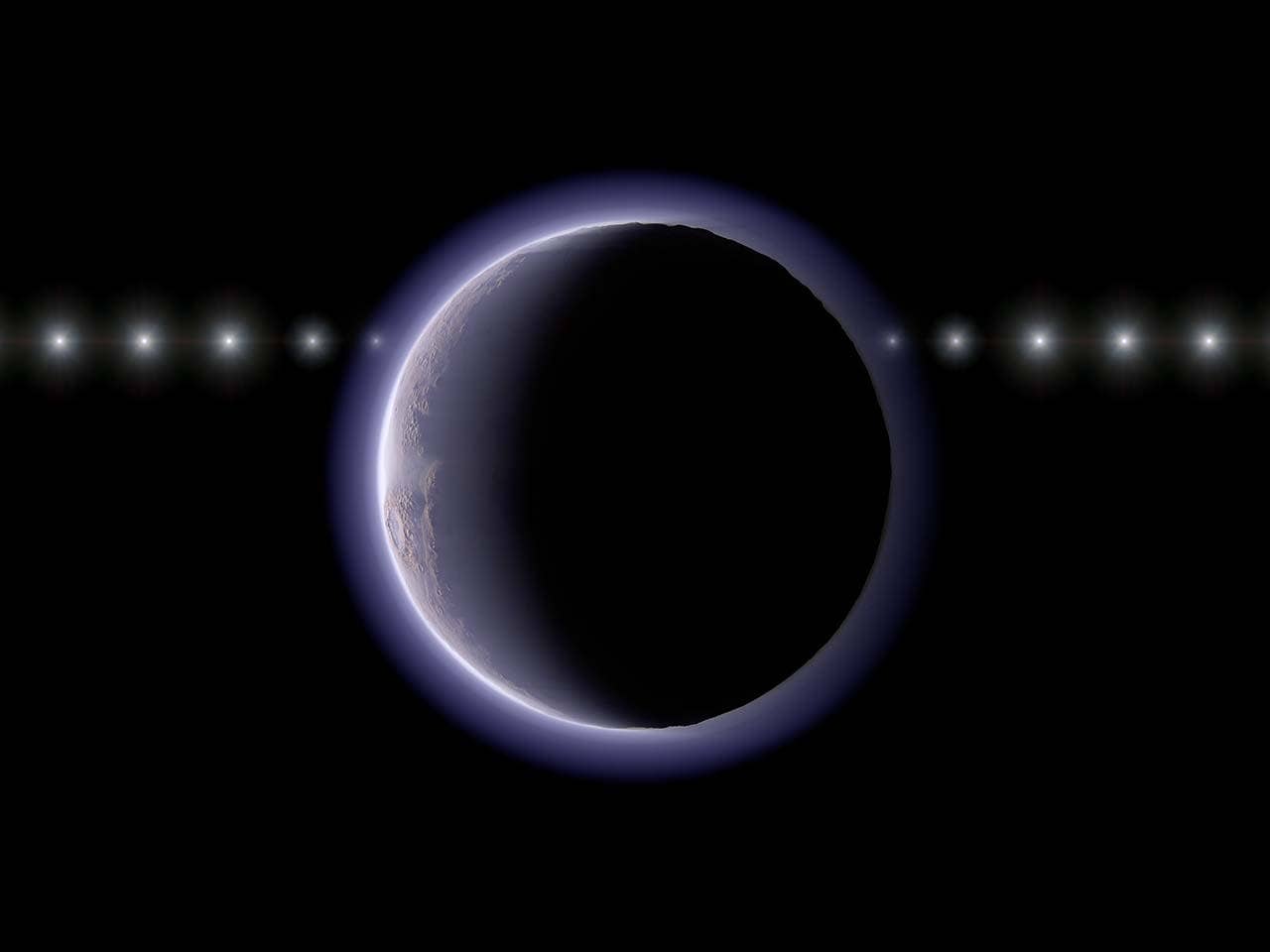 Artist’s conception of this research showing an imagined time sequence as a star passes behind a TNO with an atmosphere.