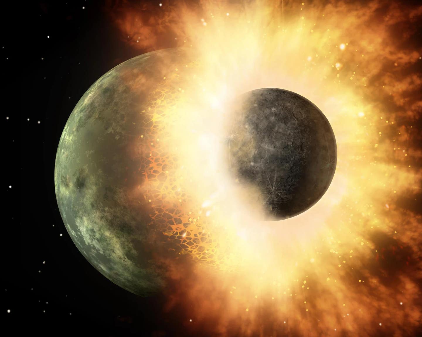 Artist's depiction of a collision between two planetary bodies, similar to the hypothesized collision between Theia and the proto-Earth.