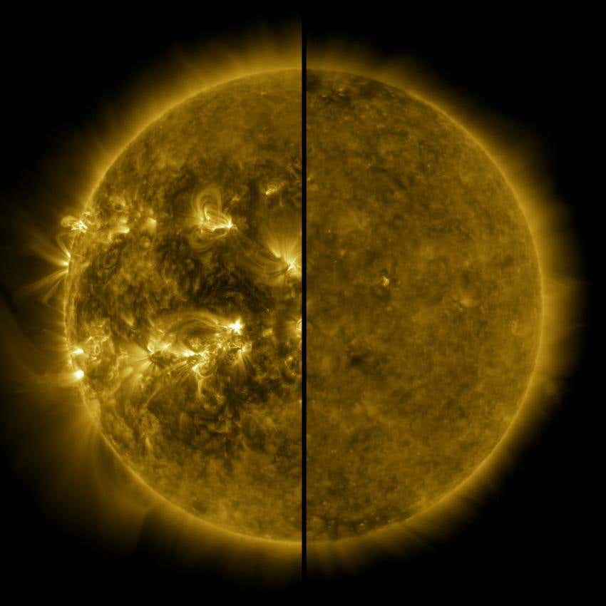 A split image showing an active Sun during solar maximum (on the left, taken in 2014) and a quiet Sun during solar minimum (on the right, taken in 2019).
