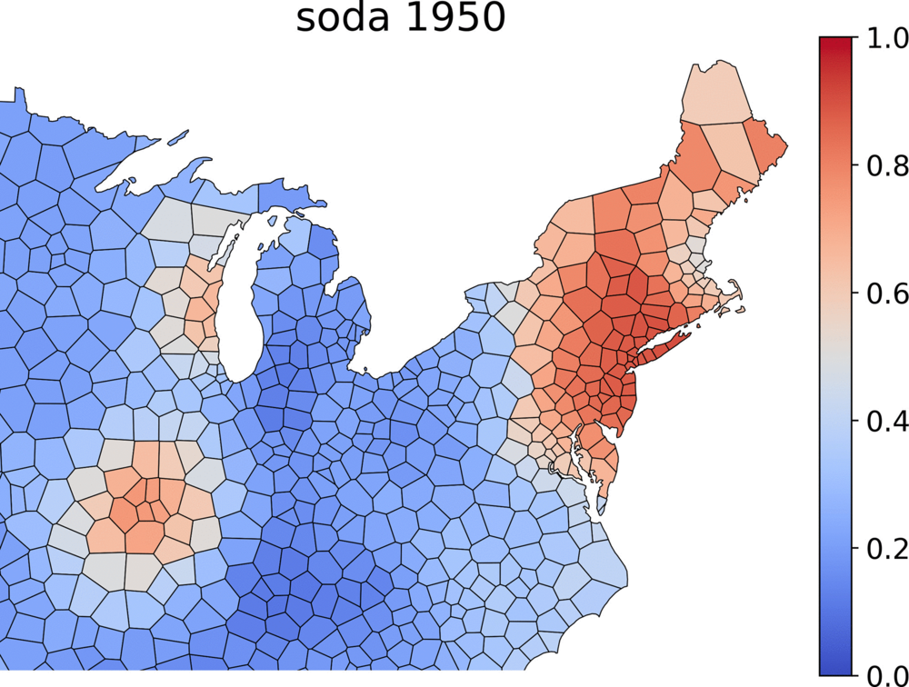 Local logistic regression estimates of the fraction of speakers born in 1950 who use “soda” to describe a carbonated beverage.