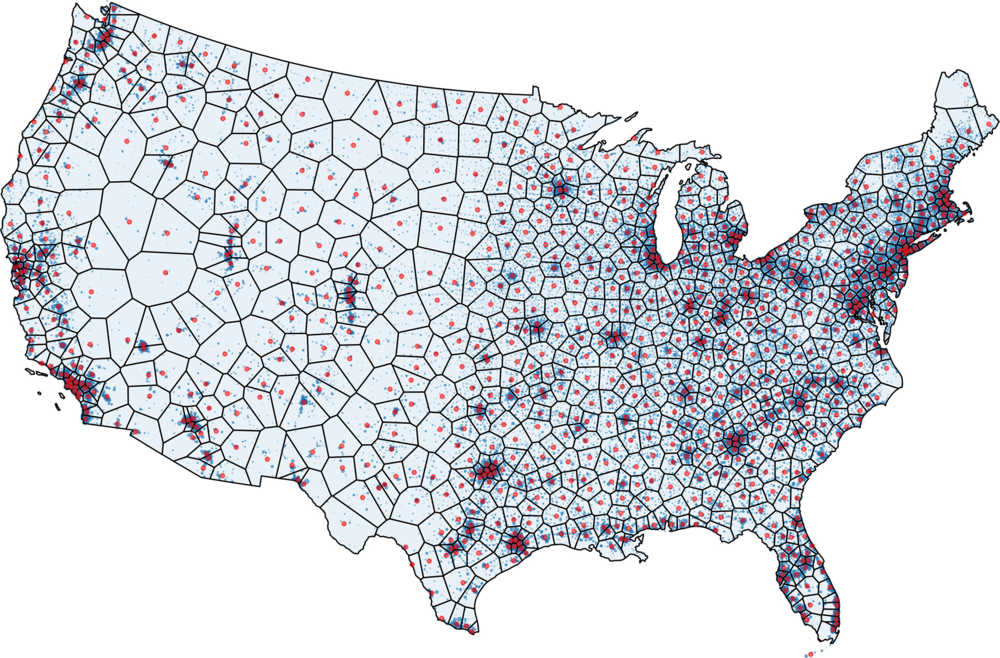 Voronoi tessellation of the USA obtained by k-means clustering citizens into 10^3 demes based on their zip codes. Voronoi seeds are given by cluster centroids.