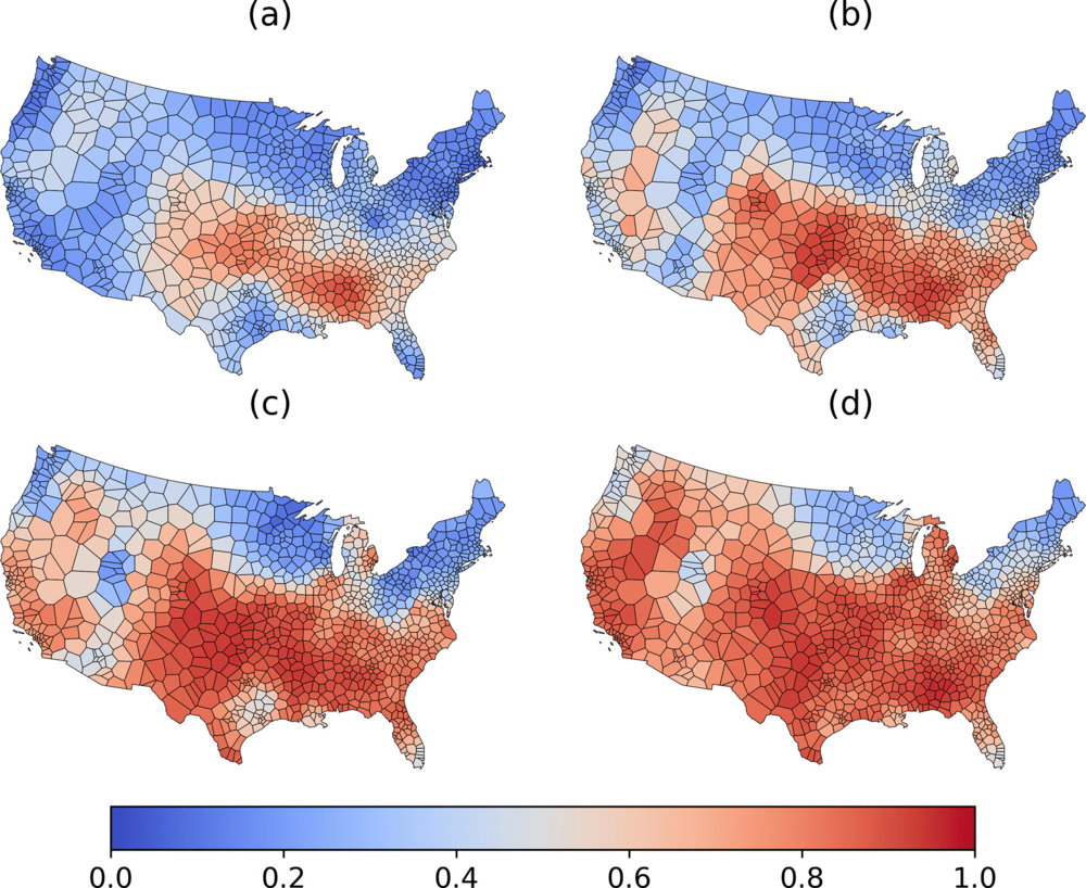 The share of people (grouped by birth year) who use the term roly poly. Panels show results for those born around (a) 1950, (b) 1965, (c) 1980, and (d) 1995. 