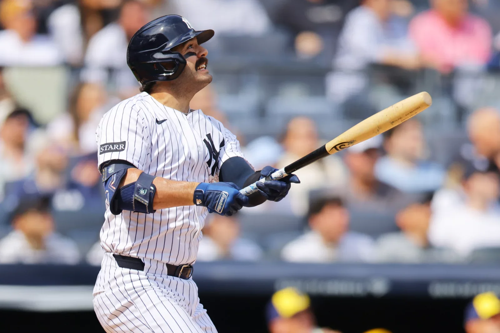 The New York Yankees' Austin Wells hits a home run using a torpedo bat against the Milwaukee Brewers at Yankee Stadium