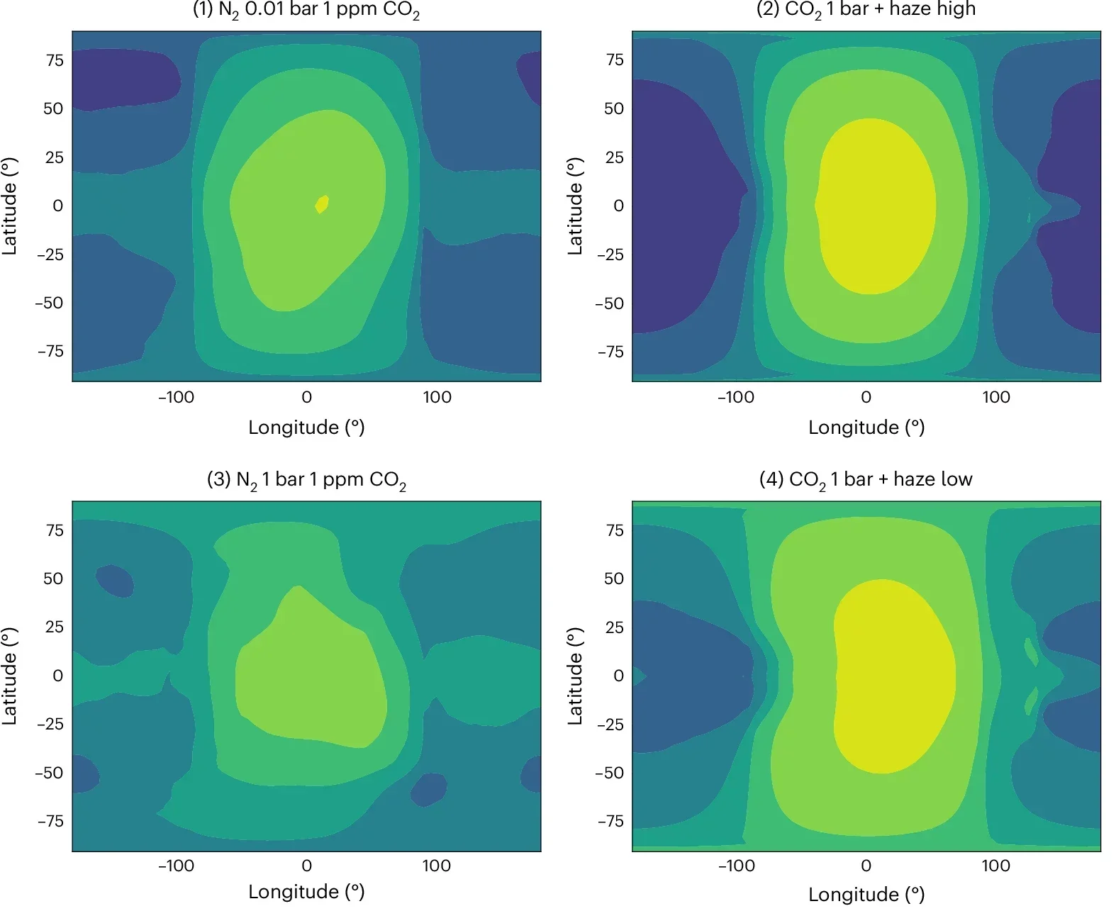 Temperature maps computed for four distinct GCM simulations along with a low-albedo, airless-planet case.