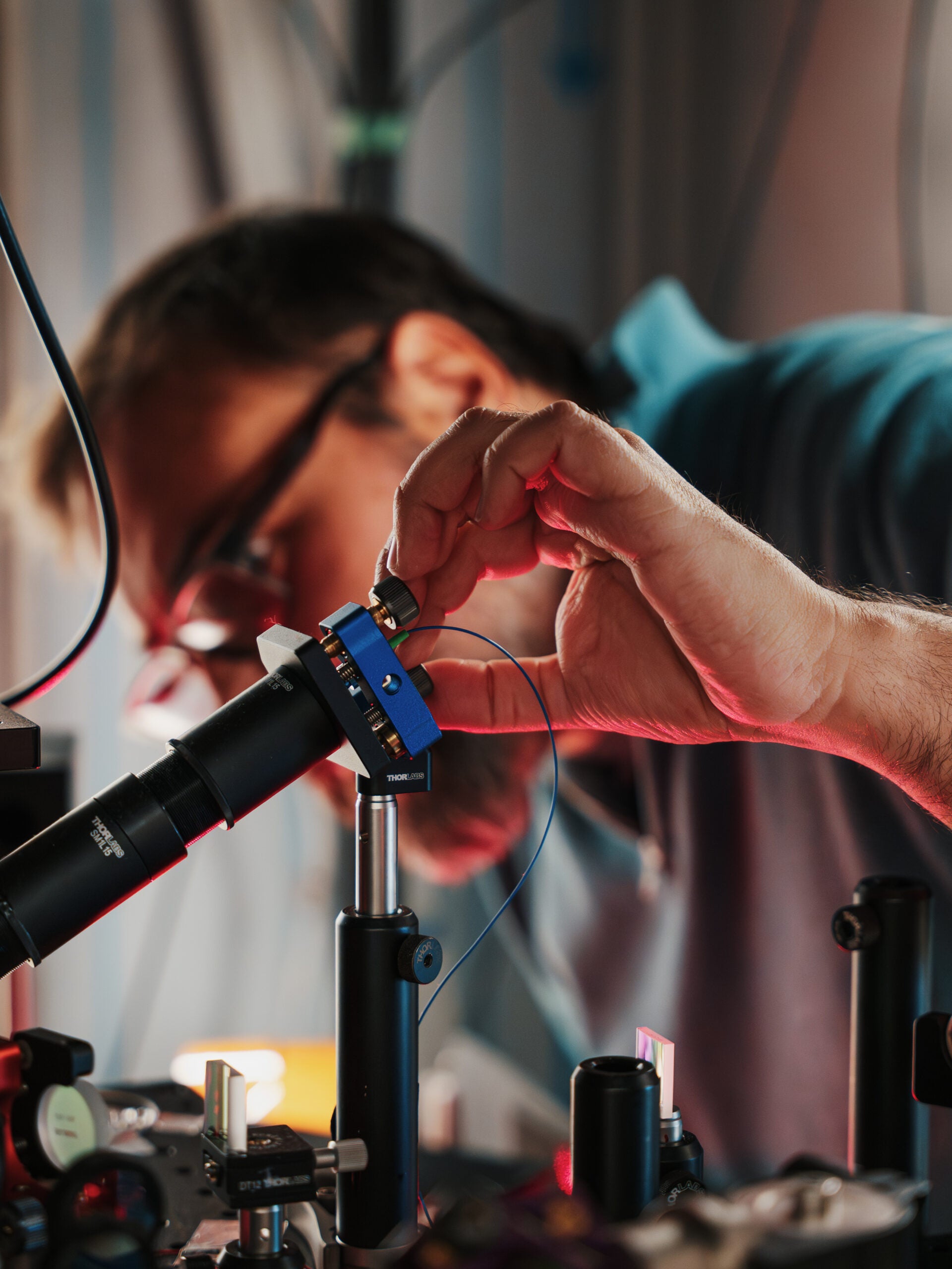 Optics to deliver the lasers on the atoms.