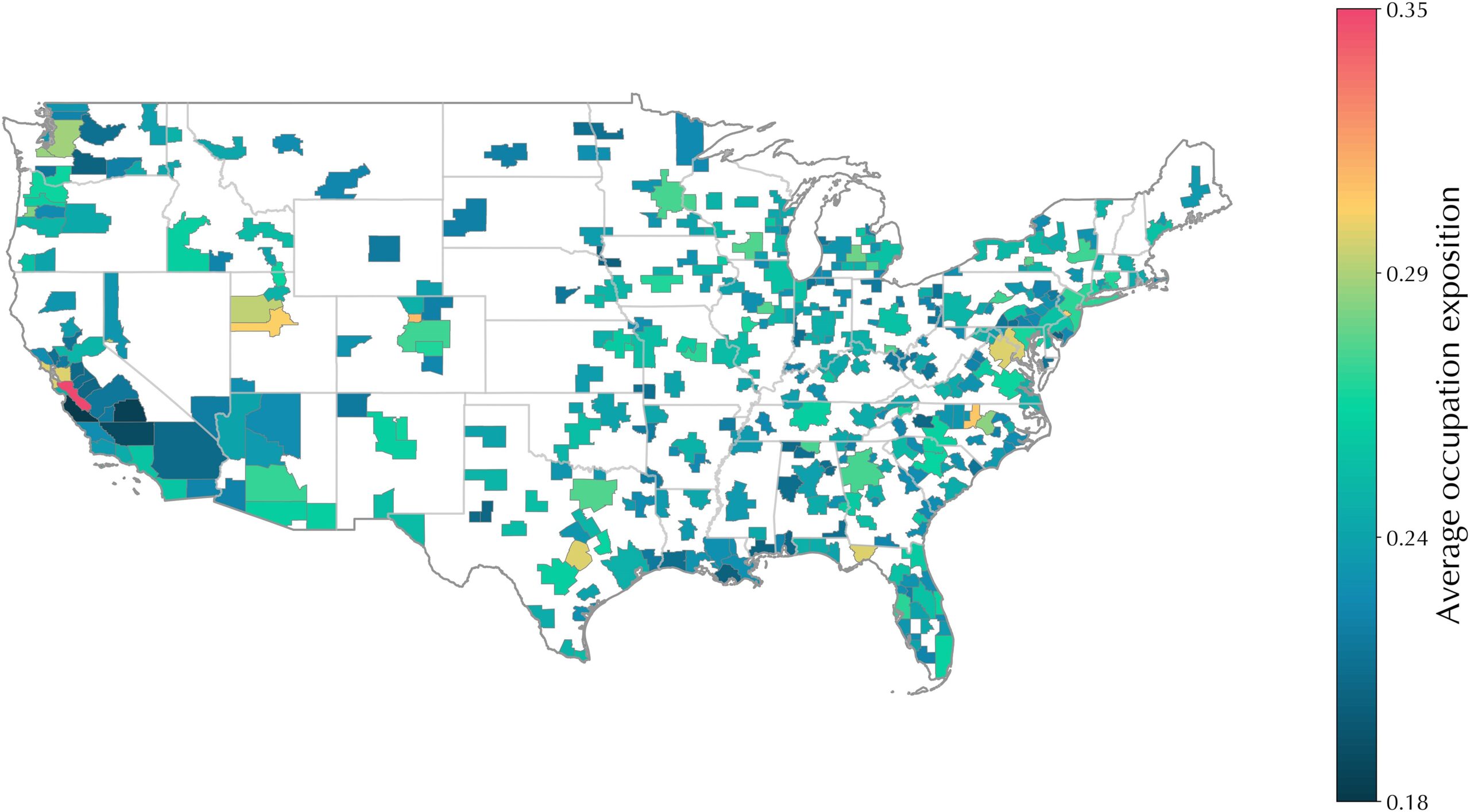 Geographical AISE. Map of average geographical AI startup exposure in US Metropolitan Statistical Areas.