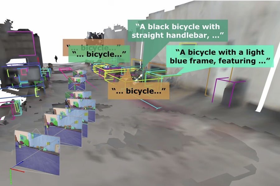 MIT researchers have developed a long-term memory framework for robots that combines advanced map representations with rich descriptions of the environment. Here, a moving robot attaches detailed descriptions to the bicycles it sees at it explores.