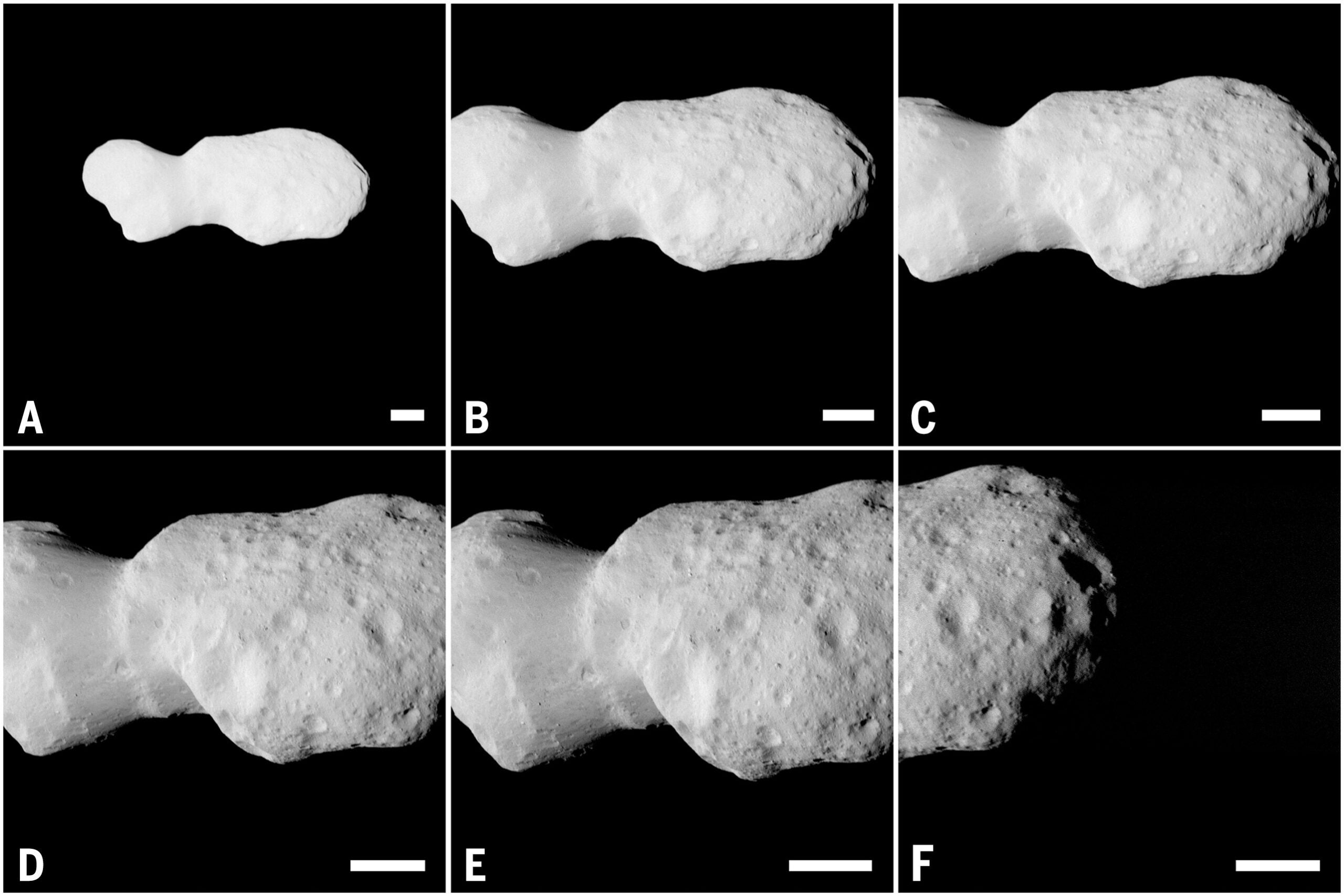 Six example visible images selected from the 268 (with ≥10-pixel mean diameter) acquired during spacecraft approach. The relative brightness changes as a result of the varying phase angle and exposure time