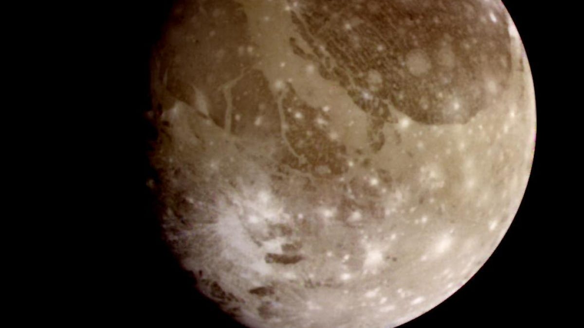 This natural-color image of Ganymede was captured by the Galileo spacecraft during its first flyby of the moon.