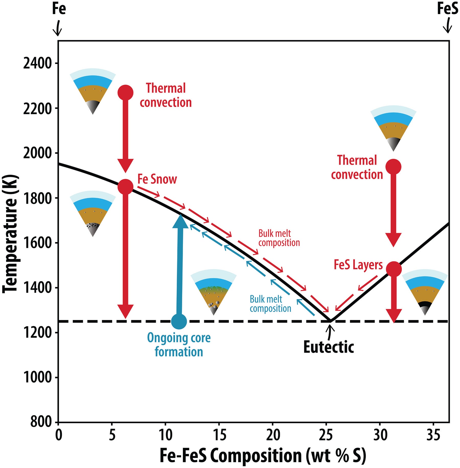 Plausible regimes for dynamo action at Ganymede, mapped onto the Fe-FeS phase diagram.