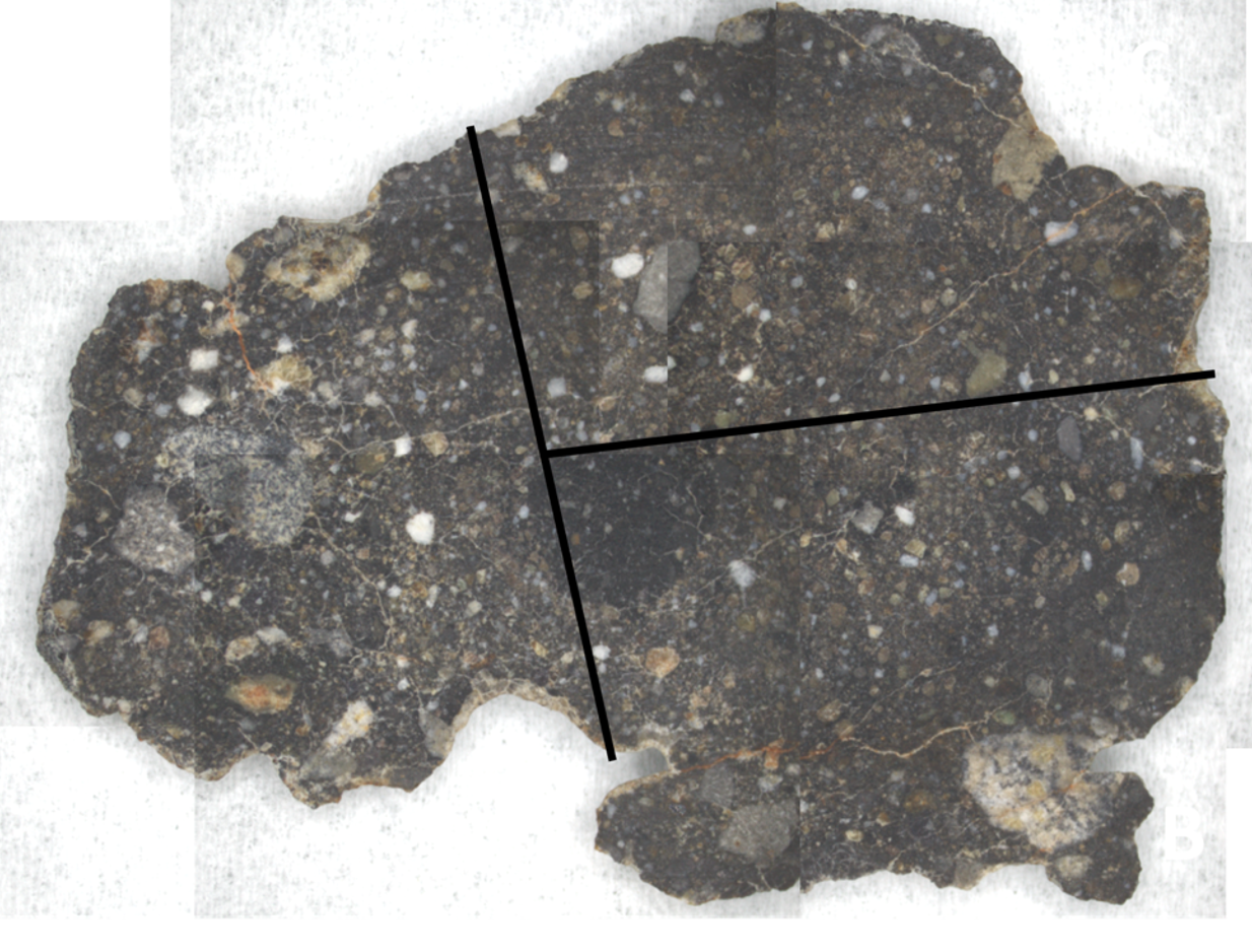 Plane line image mosaic of 4.48 g slice of NWA 12593. Location of cuts for mounting in epoxy are shown as black lines. Section A is on the left, Section B is lower right, and Section C is upper right.