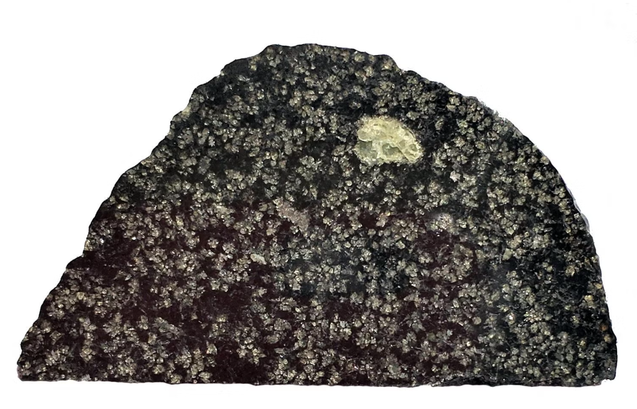 A slice of NWA 12774.The green circle is an olivine crystal, a magnesium-rich mineral. 