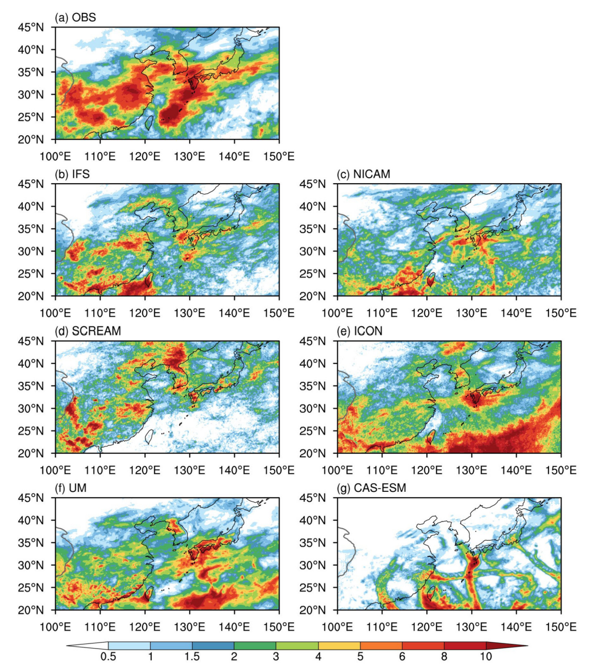 Spatial pattern of MCS precipitation (units: mm d−1) in JJA 2020 according to (a) observation, and the models (b) IFS, (c) NICAM, (d) SCREAM, (e) ICON, (f) UM, and (g) CAS-ESM.