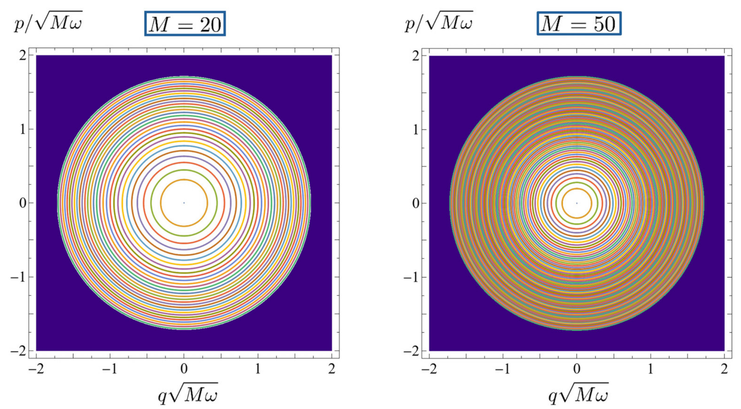 The evolving system phase space with the admitted orbits when cm≠0∀m and κ=3/4, r=2/3 for M=20 (on the left) or M=50 (on the right).